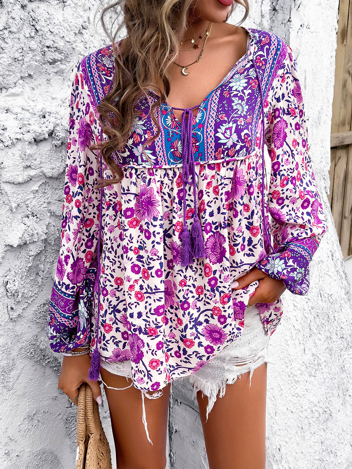 Boho Tassel Tie Neck Long Sleeve Blouse