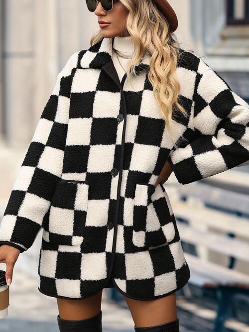 She’s It Checkered Button Front Coat with Pockets