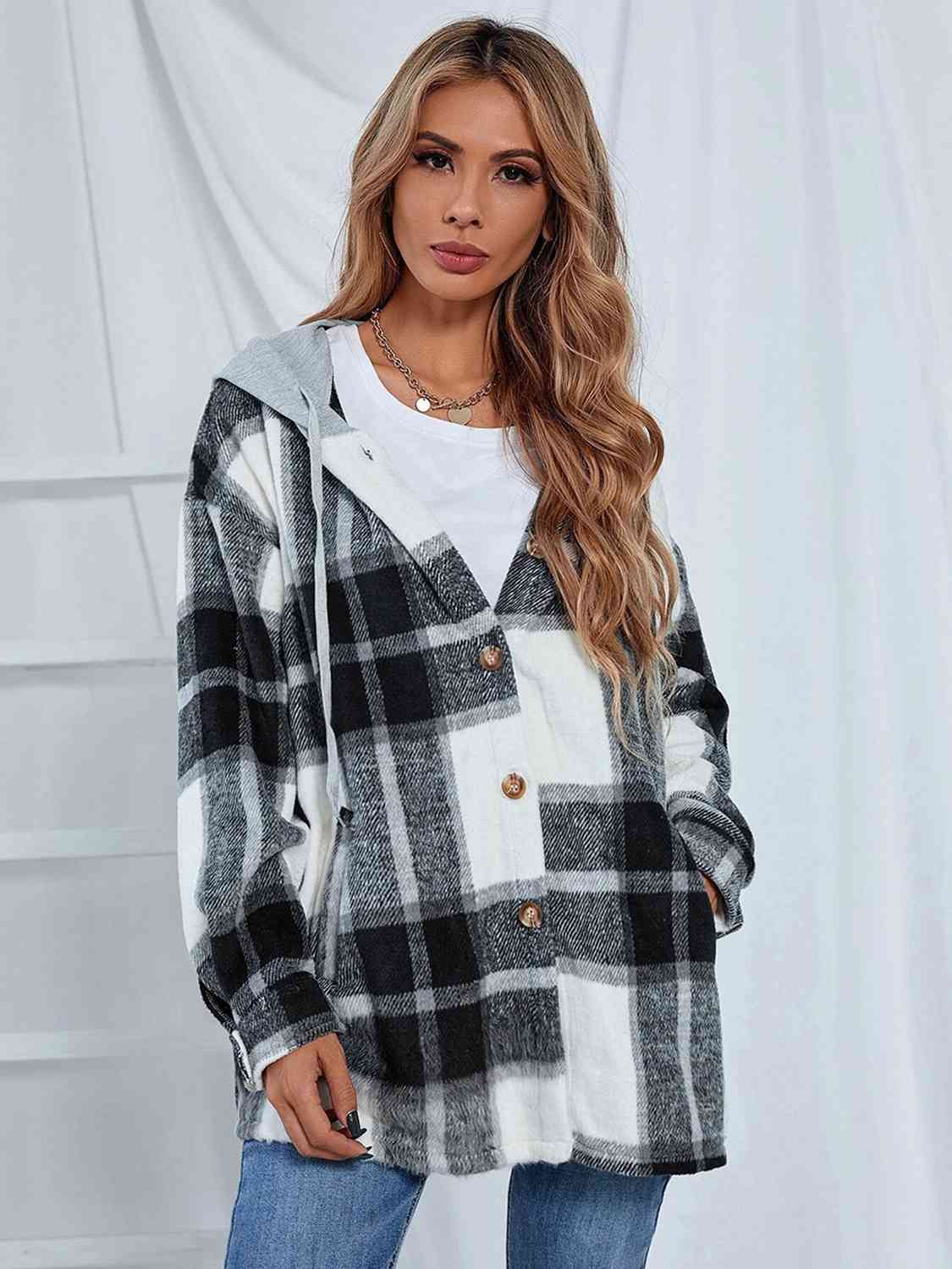 Plaid Hooded Jacket with Pockets