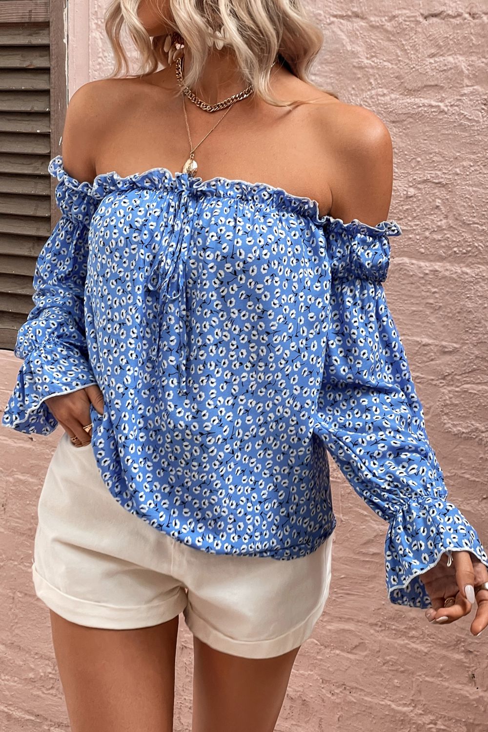 Off Shoulder Printed Frill Trim Blouse