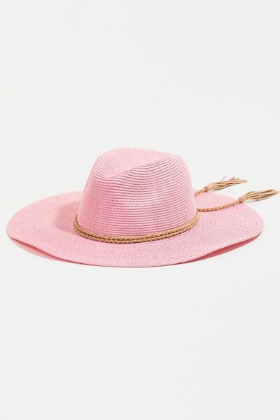 Fame Pink Straw Braided Rope Strap Fedora Hat