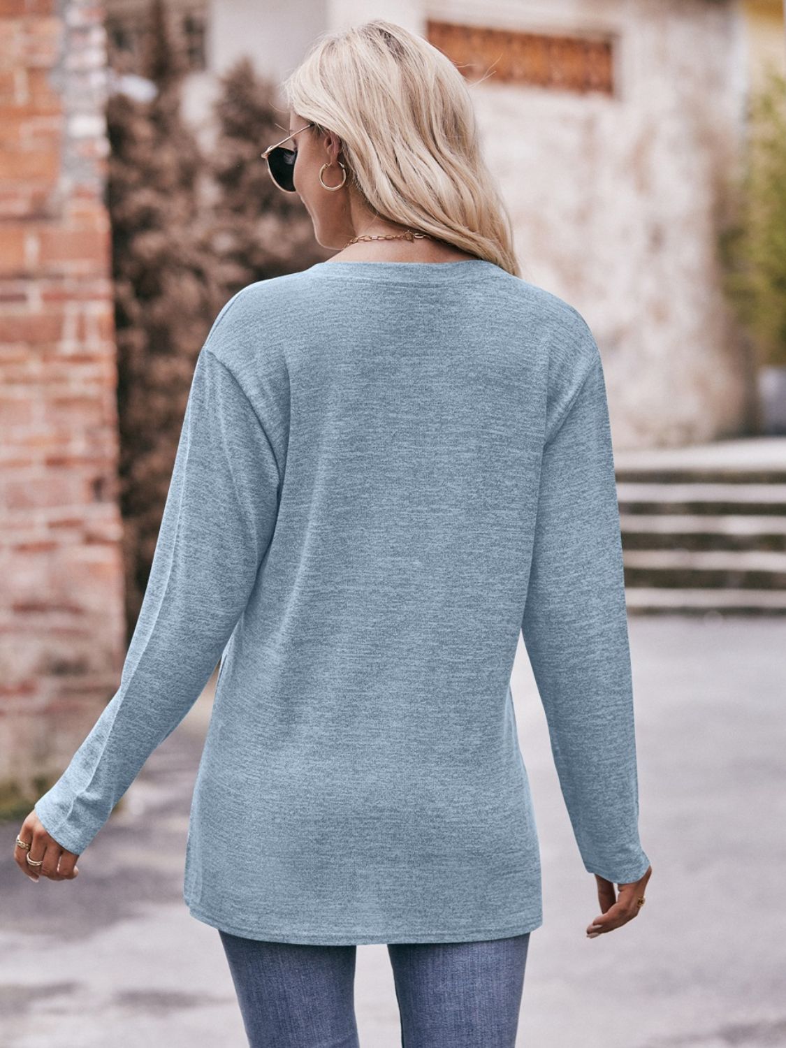 Double Take Buttoned Notched Neck Long Sleeve Top