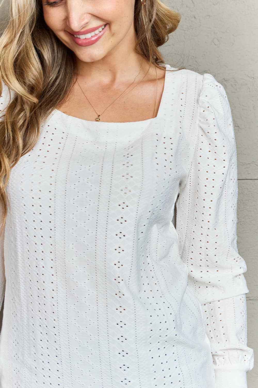 Double Take Eyelet Square Neck Puff Sleeve Blouse