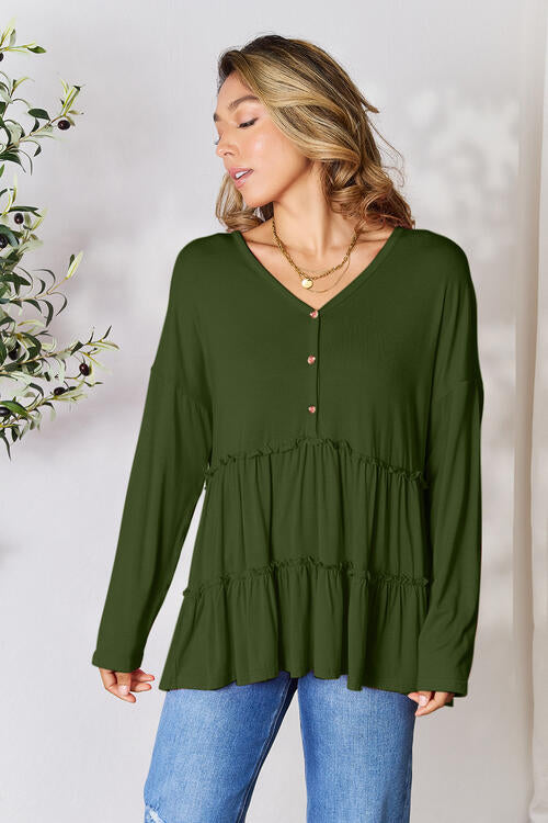 Chic Half Button Long Sleeve Ruffle Hem Blouse