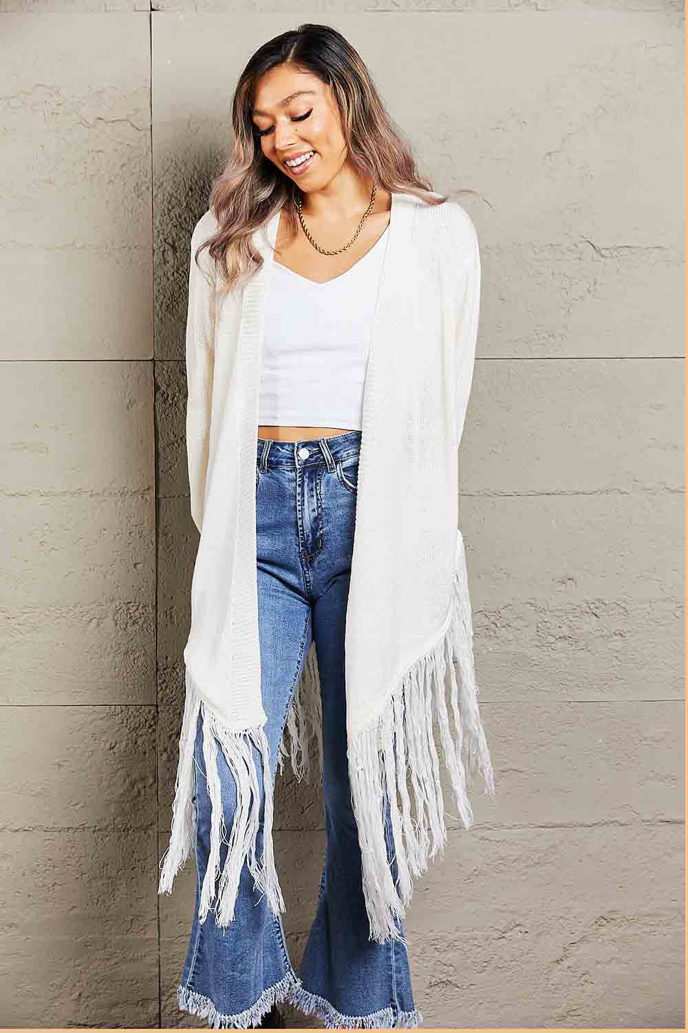 Double Take Fringe Hem Open Front Ribbed Trim Cardigan