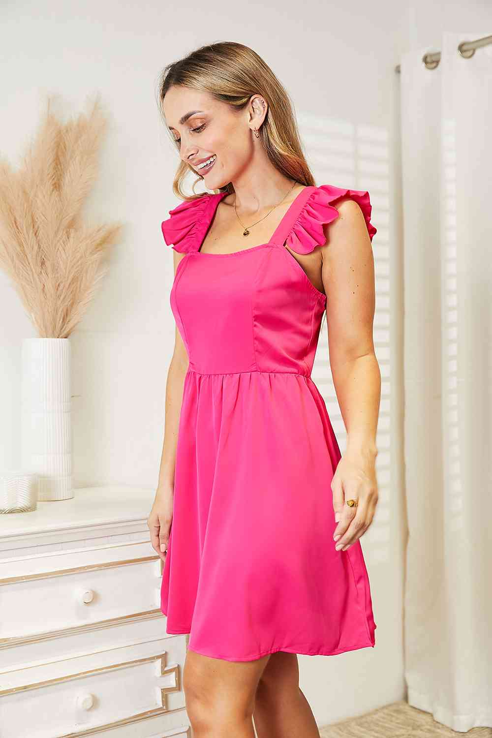 Double Take Pink Ruffled Square Neck Dress