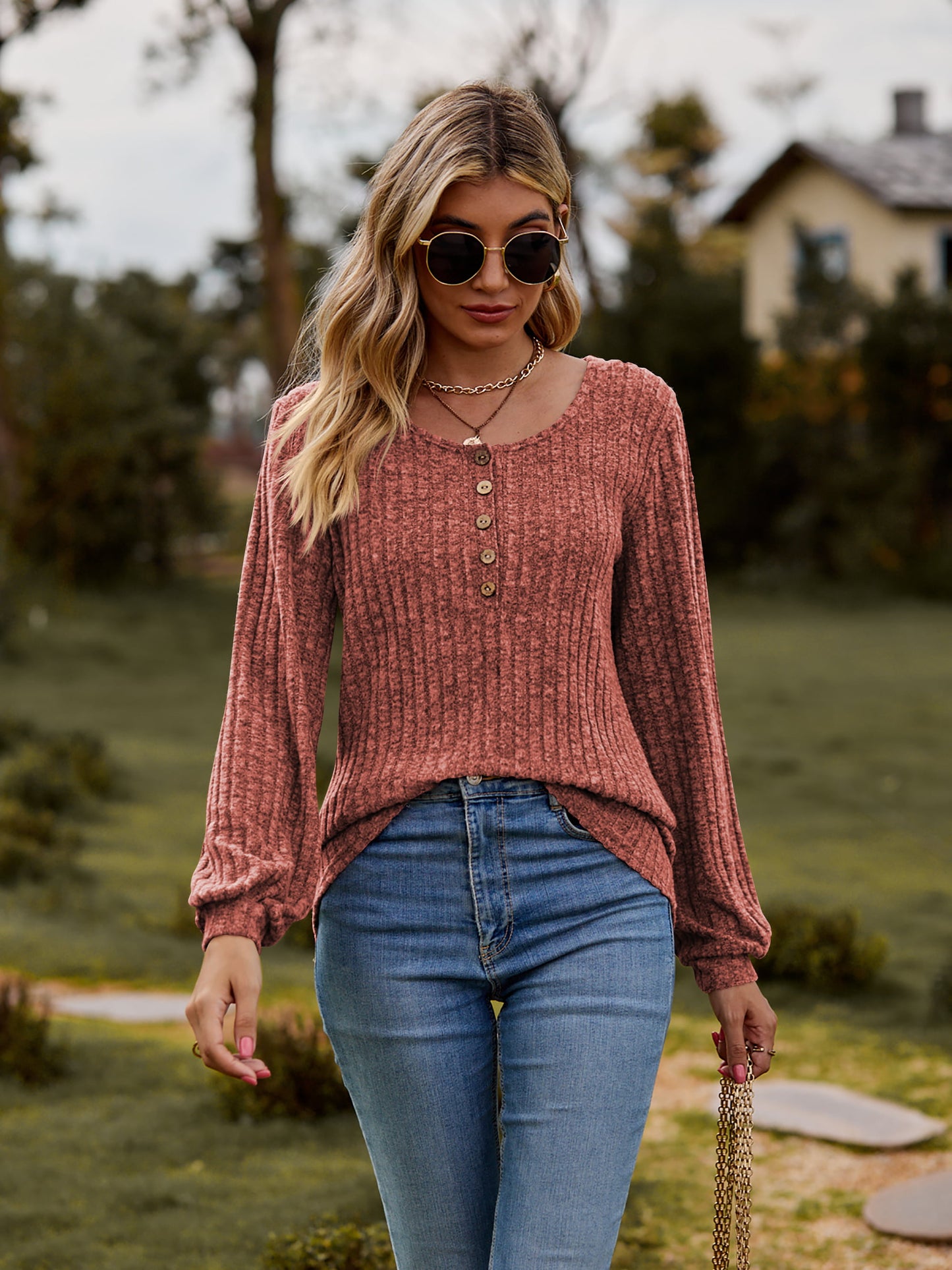 Round Neck Button-Down Long Sleeve Tee