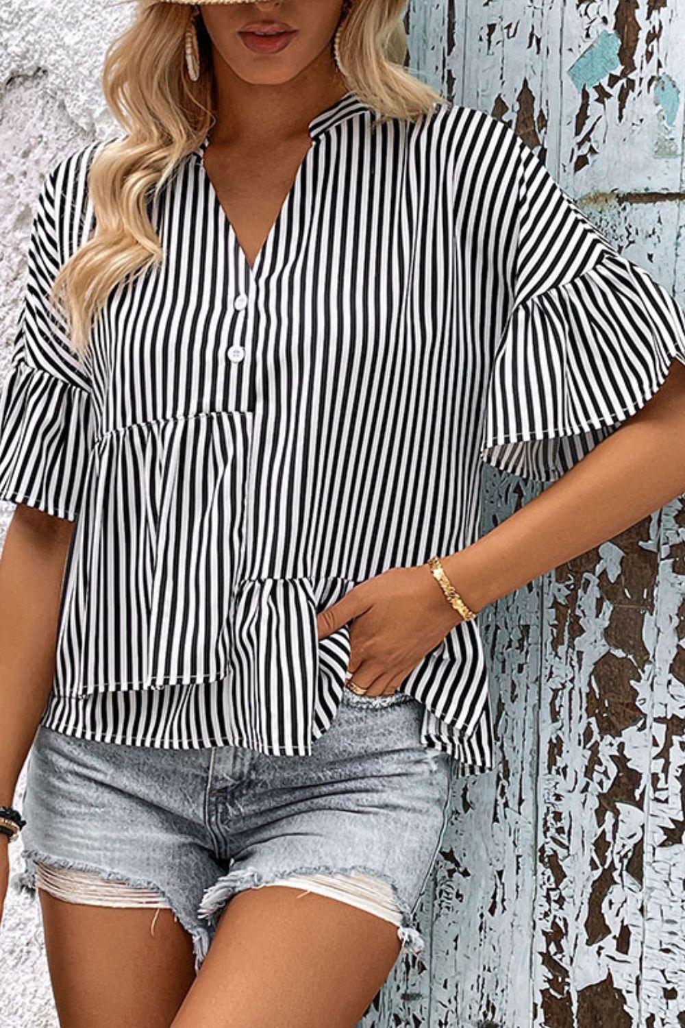 Striped Asymmetrical Flounce Sleeve Blouse