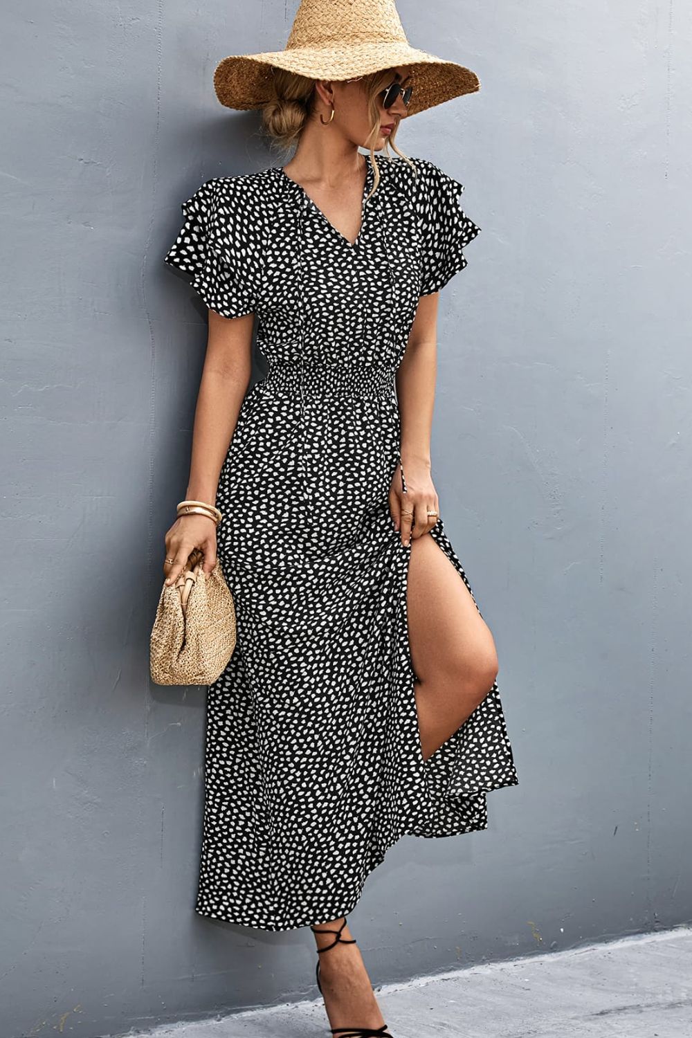 Wowza Tie-Neck Flutter Sleeve Split Dress