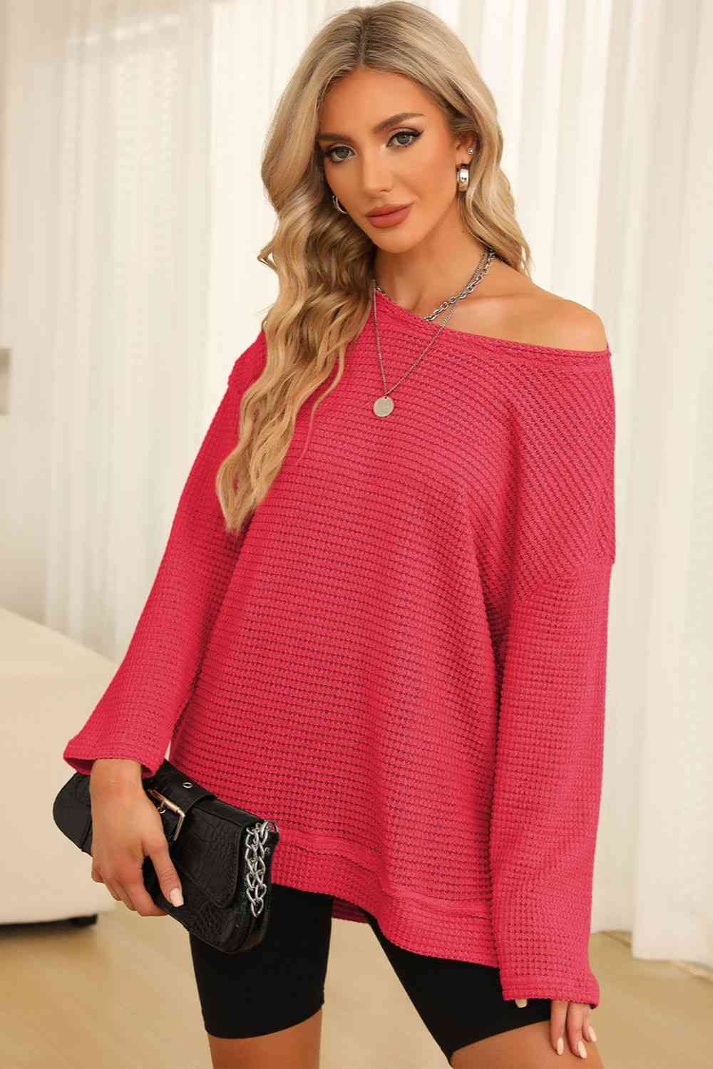 Waffle-Knit Round Neck Long Sleeve Sweatshirt