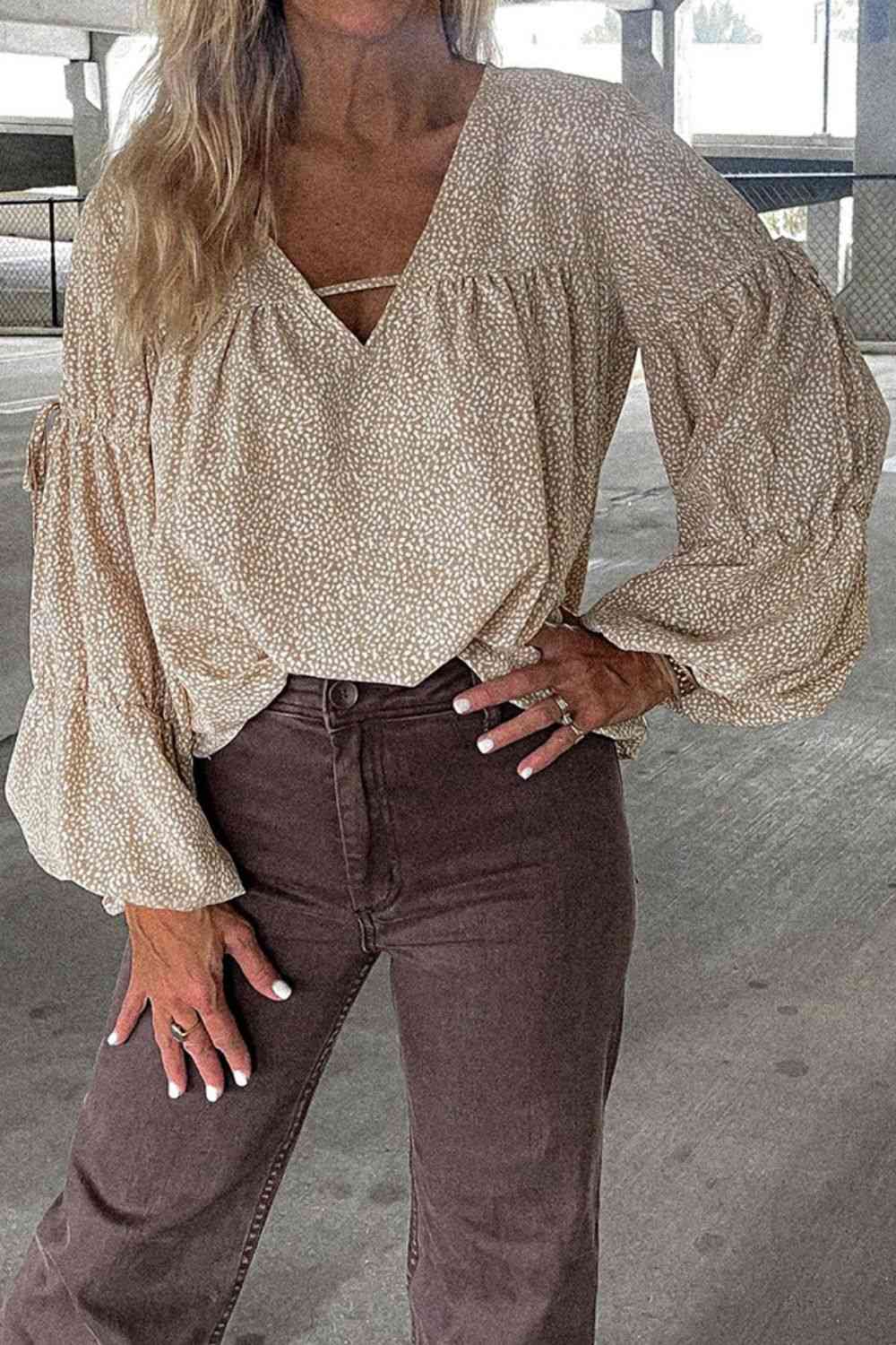 Over Here V-Neck Drawstring Balloon Sleeves Blouse