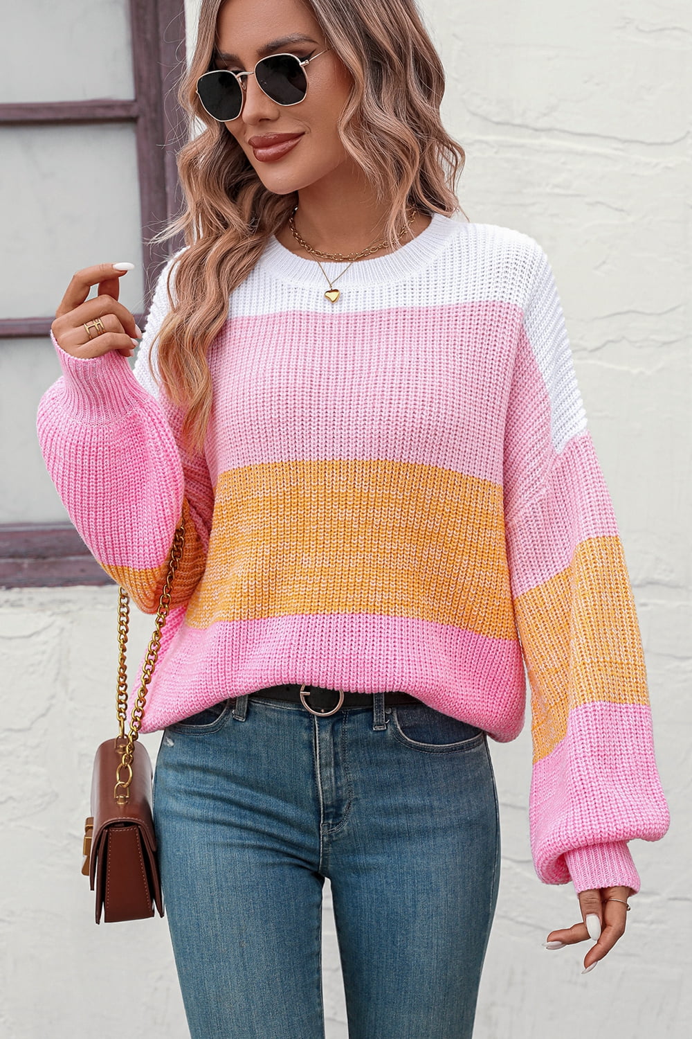 Round Neck Color Block Ribbed Pullover Sweater