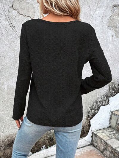 Openwork Half Button Long Sleeve Blouse