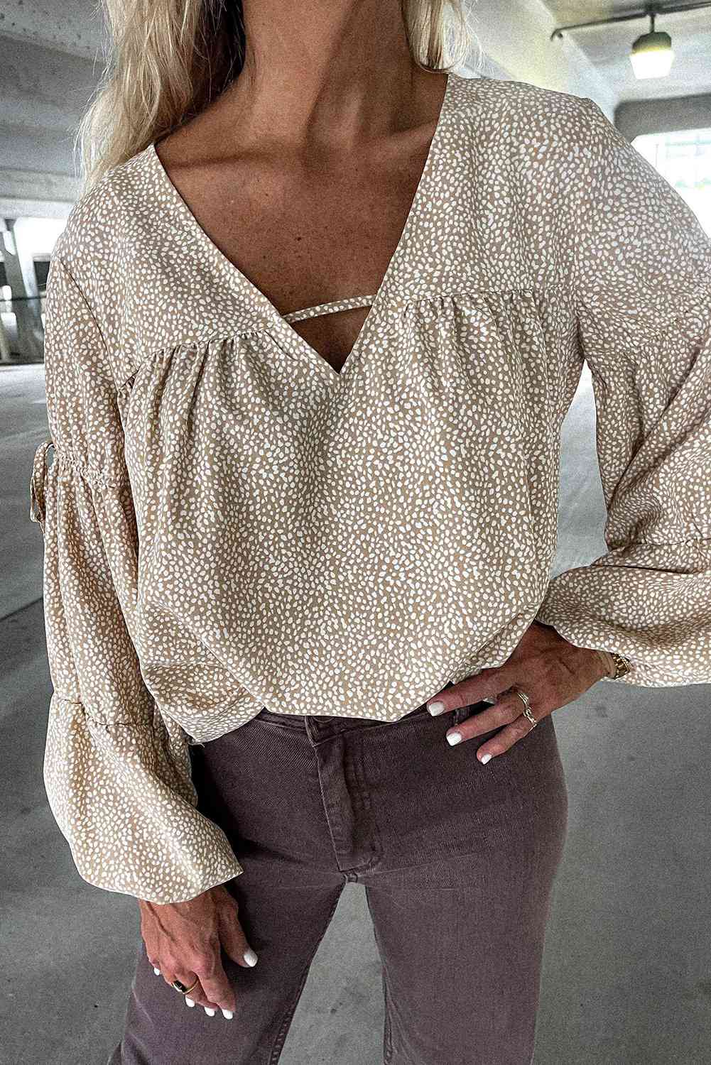 Over Here V-Neck Drawstring Balloon Sleeves Blouse