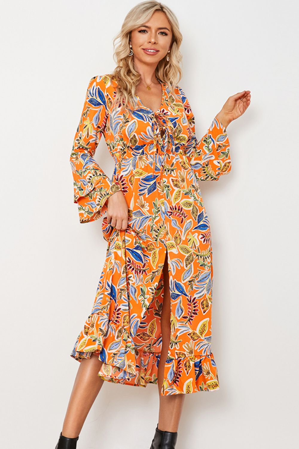 Printed Layered Flare Sleeve Split Tied Dress