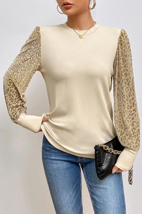 Leopard Roar Long Sleeve Ribbed Knit Blouse