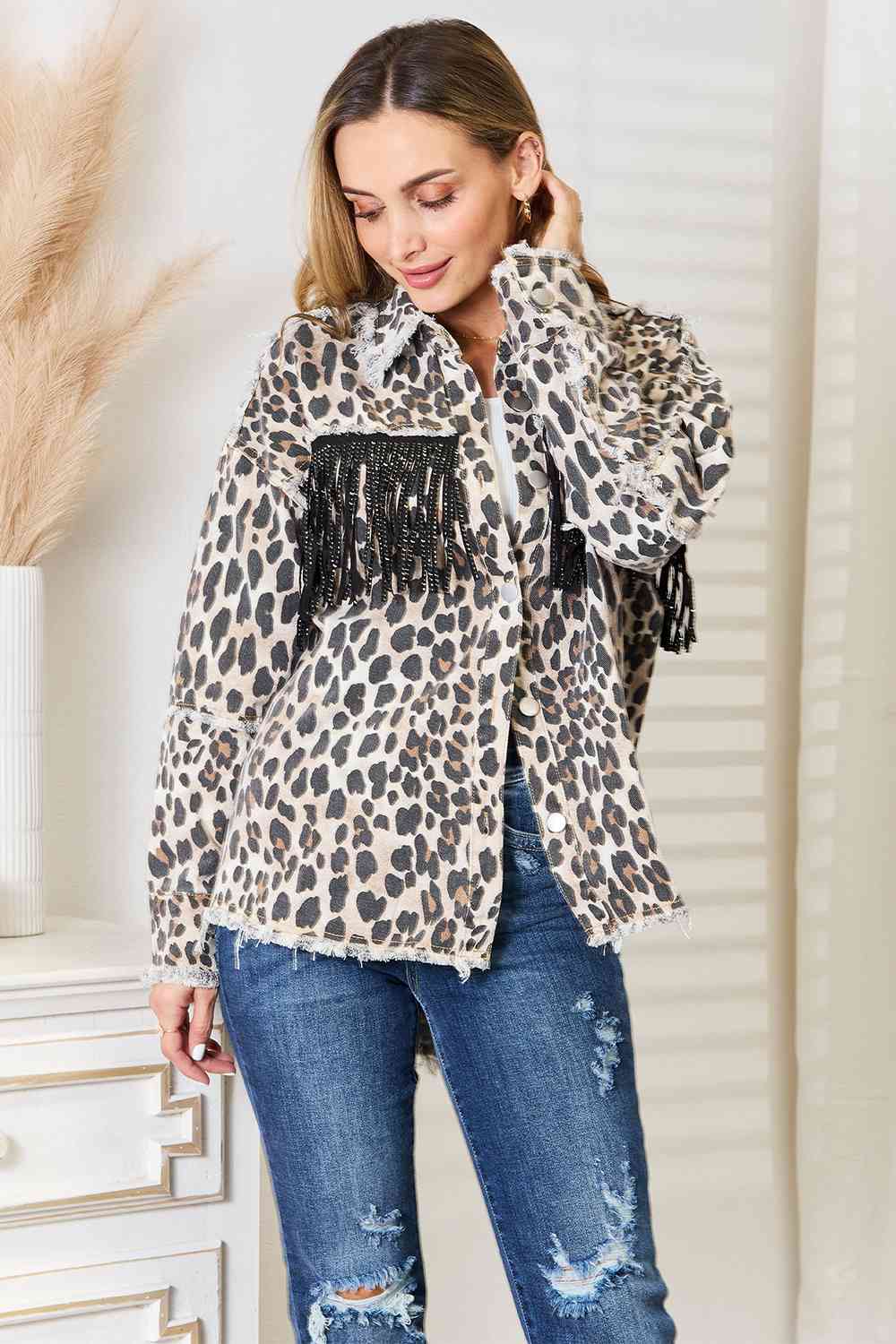 Giddy Up Leopard Fringe Detail Denim Jacket