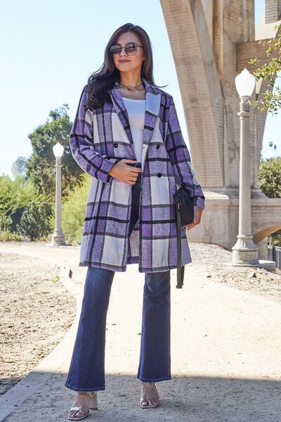 Double Take Full Size Plaid Button Up Lapel Collar Coat