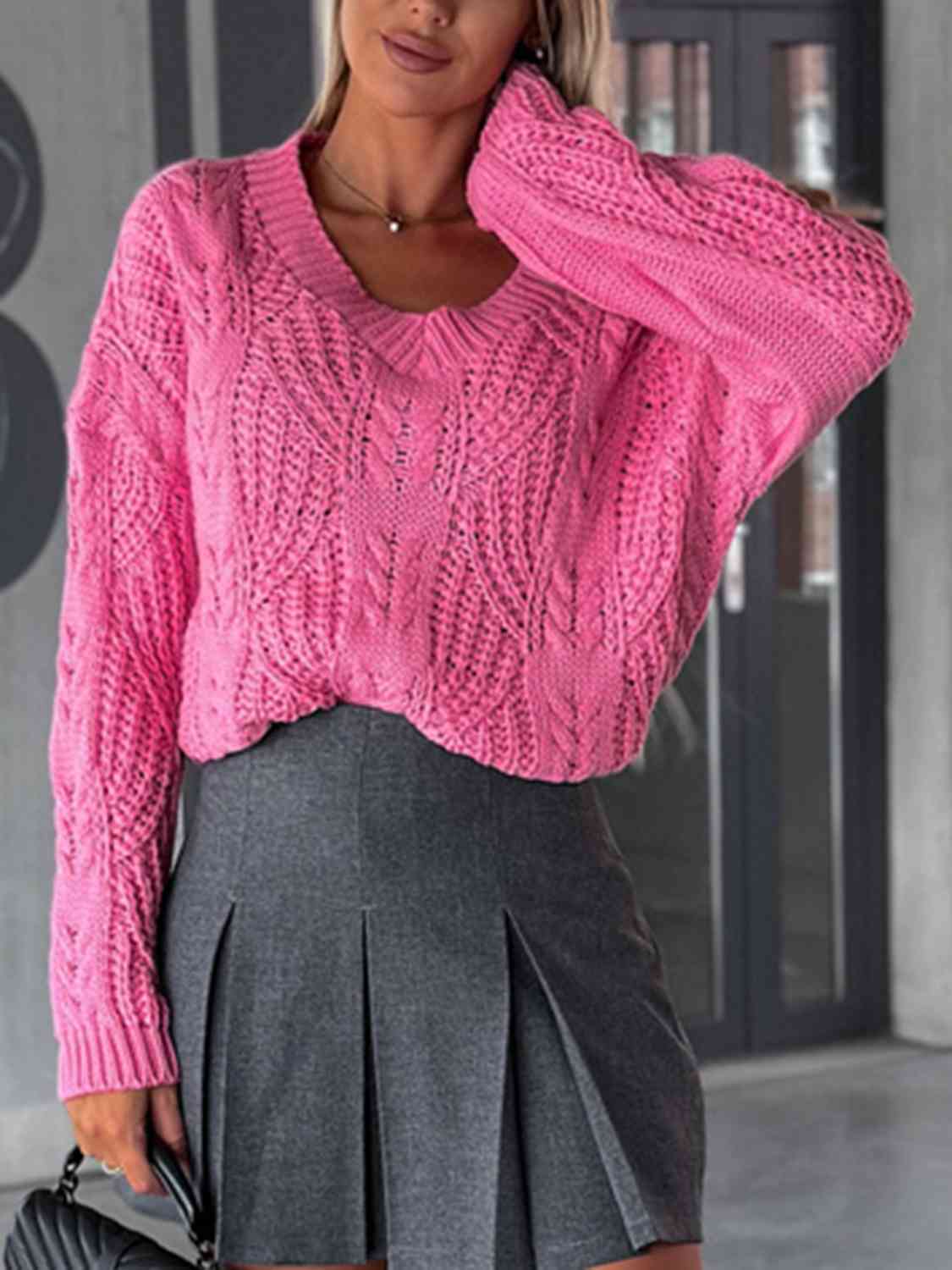 Chunky V-Neck Cable-Knit Long Sleeve Sweater