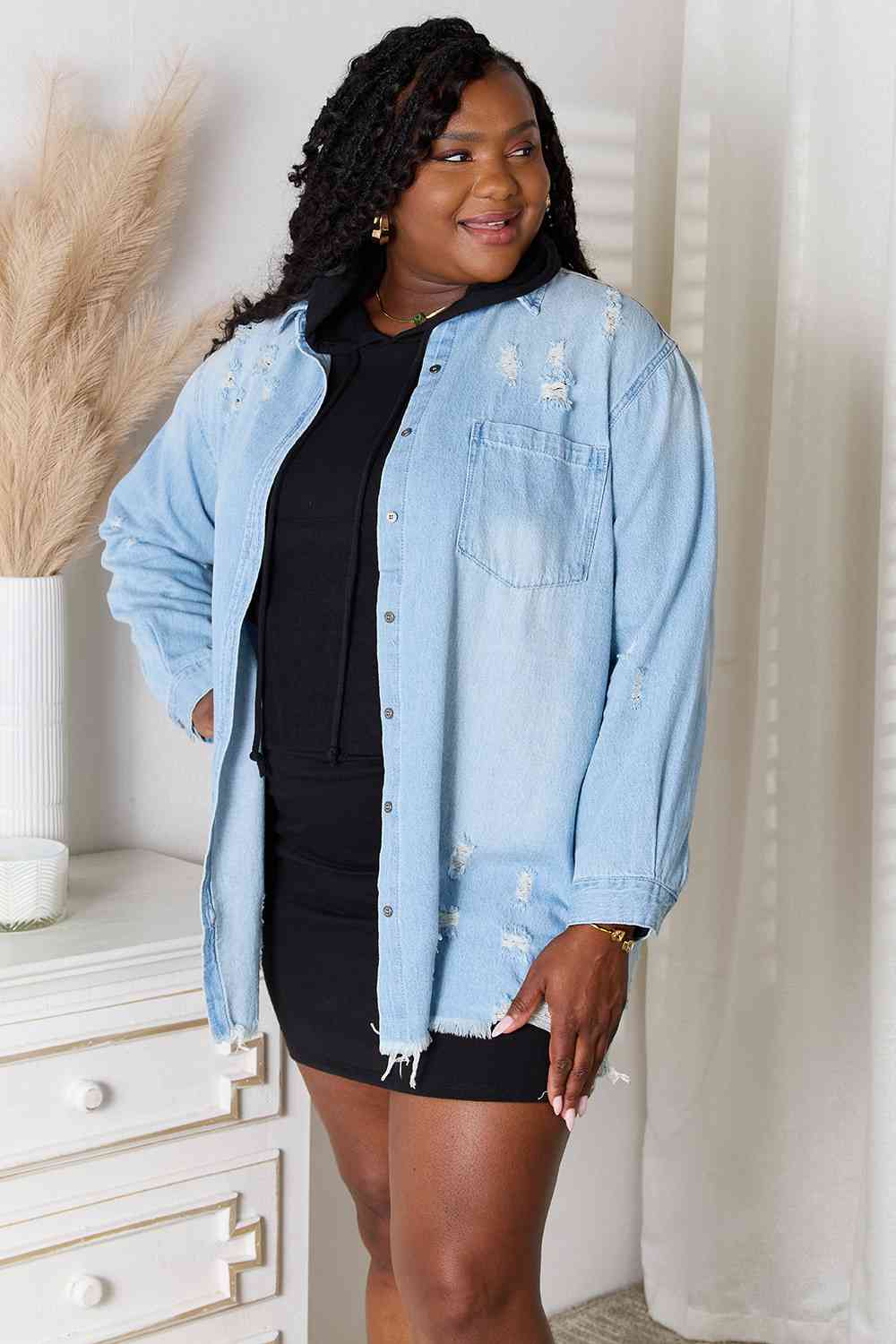 RISEN Mercy Distressed Raw Hem Denim Jacket