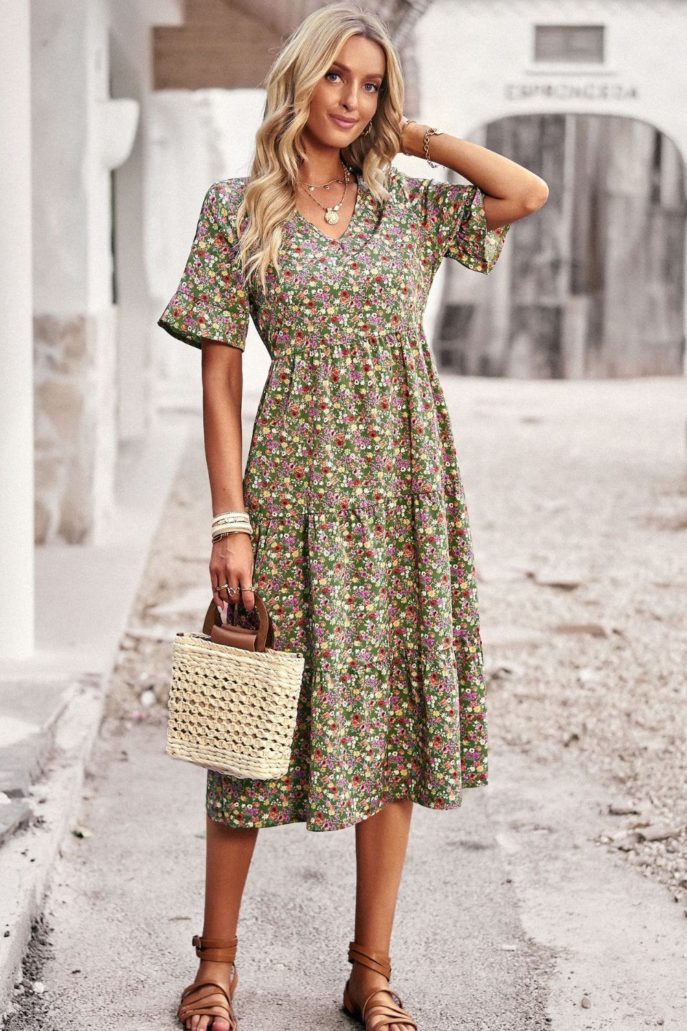 Floral V-Neck Flounce Sleeve Midi Dress