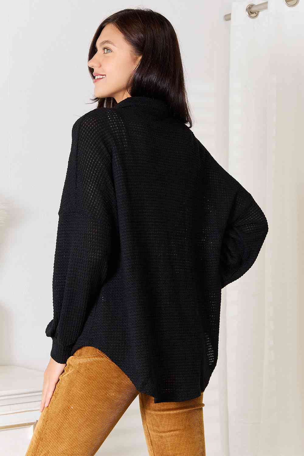 Black Waffle-Knit Collared Neck Dropped Shoulder Shirt - RTS