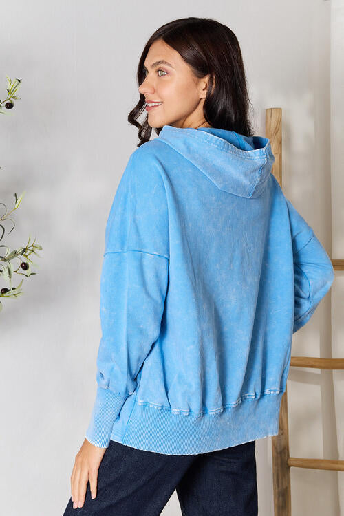 Zenana Half Snap Long Sleeve Hoodie with Pockets