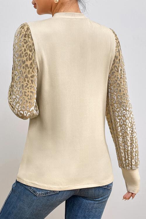 Leopard Roar Long Sleeve Ribbed Knit Blouse