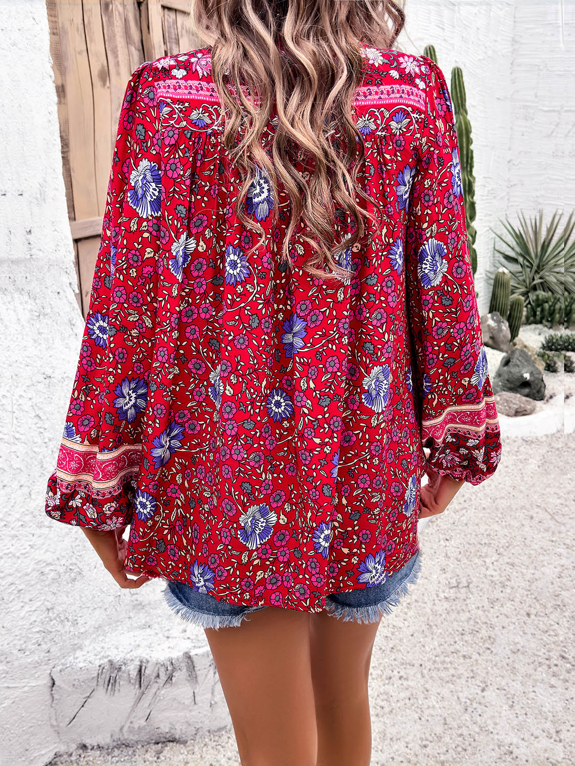 Boho Tassel Tie Neck Long Sleeve Blouse