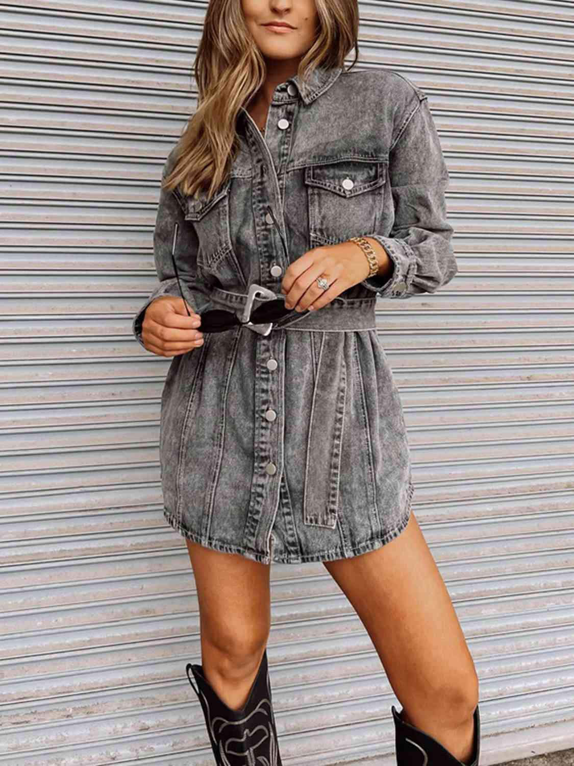 Long Sleeve Collared Denim Dress