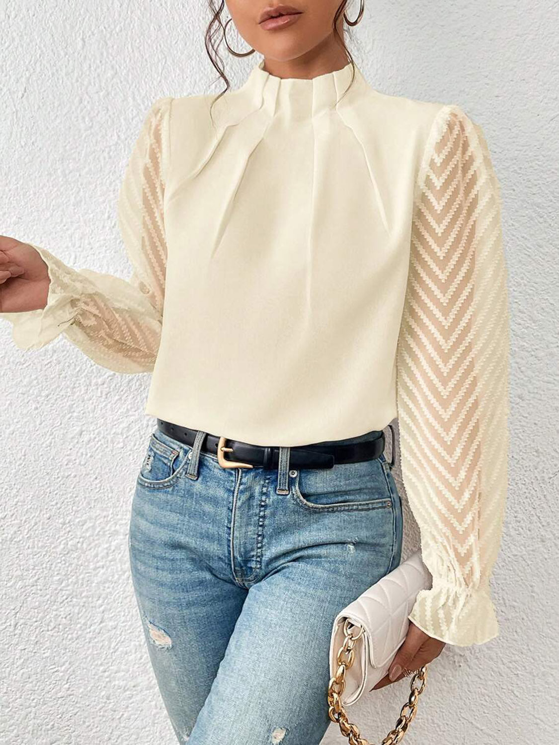 Look Like a Boss Mock Neck Flounce Sleeve Blouse