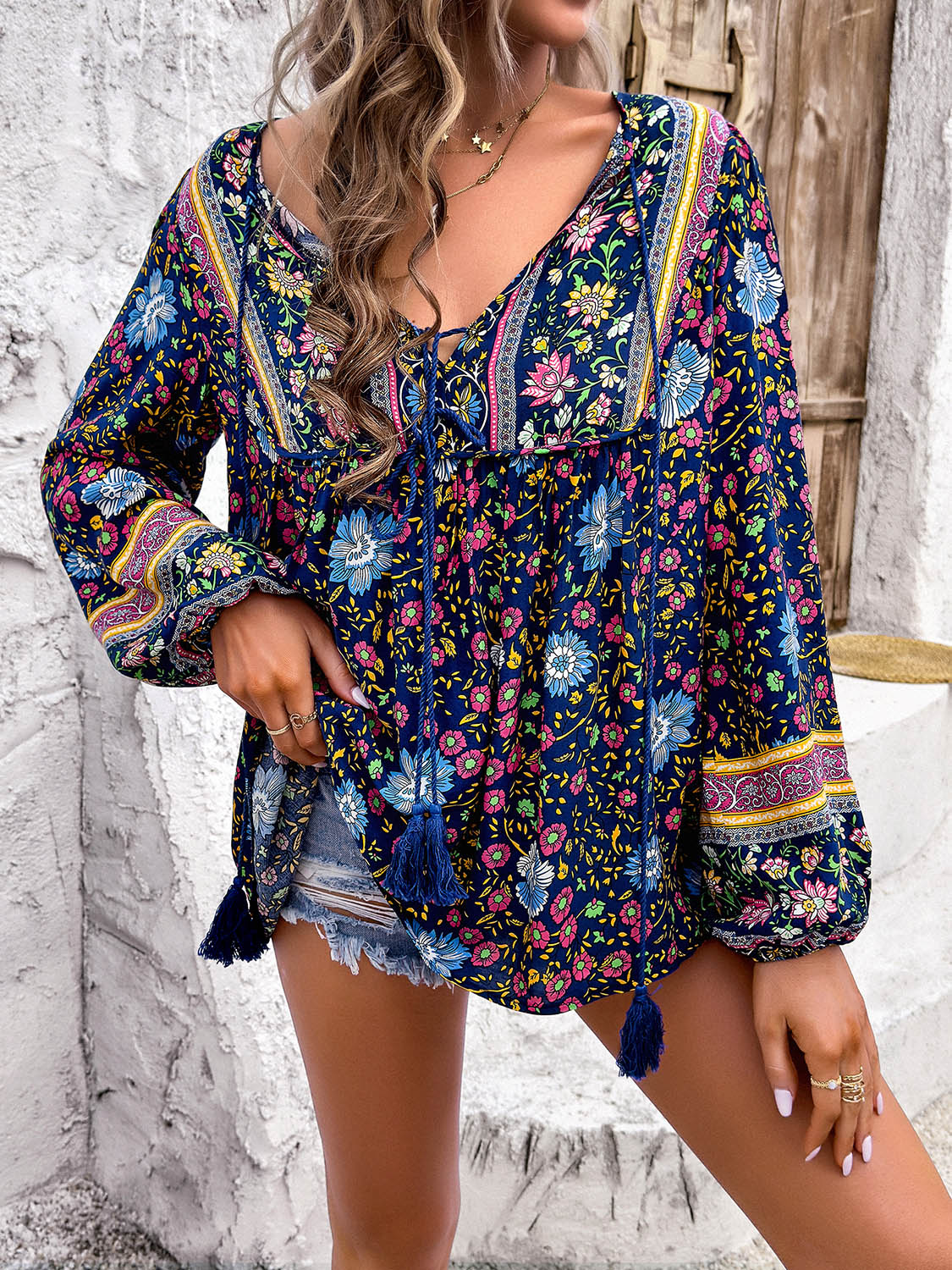 Boho Tassel Tie Neck Long Sleeve Blouse