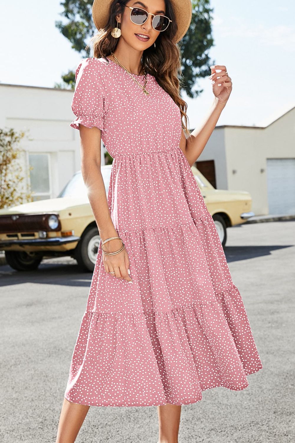 Polka Dot Short Flounce Sleeve Tiered Midi Dress