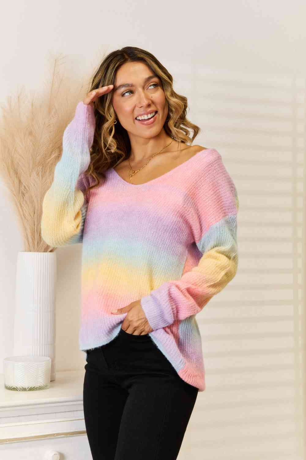 Rainbow Gradient V-Neck Sweater