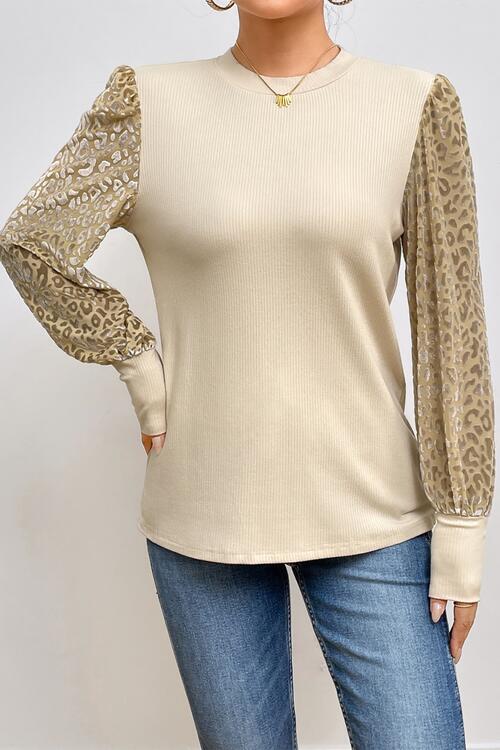 Leopard Roar Long Sleeve Ribbed Knit Blouse