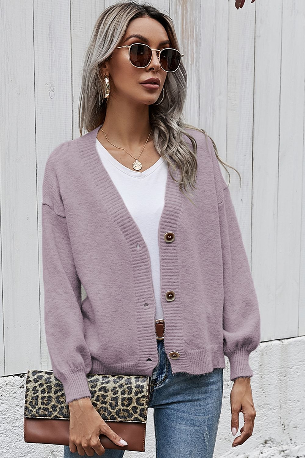 V-Neck Button-Down Dropped Shoulder Cardigan