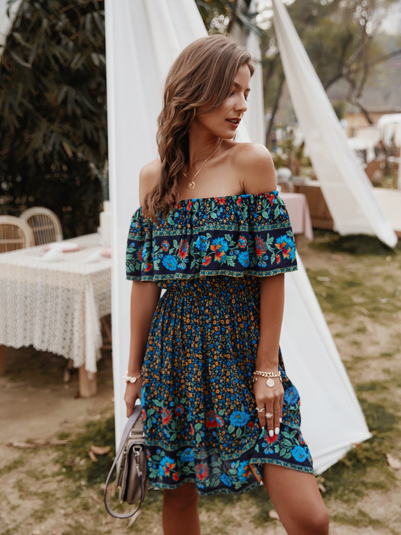 Bohemian Print Off-Shoulder Strapless Knee Length Dress