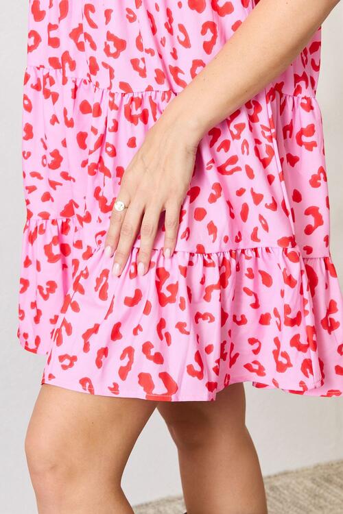 Double Take Pink Red Flounce Sleeve Tiered Dress