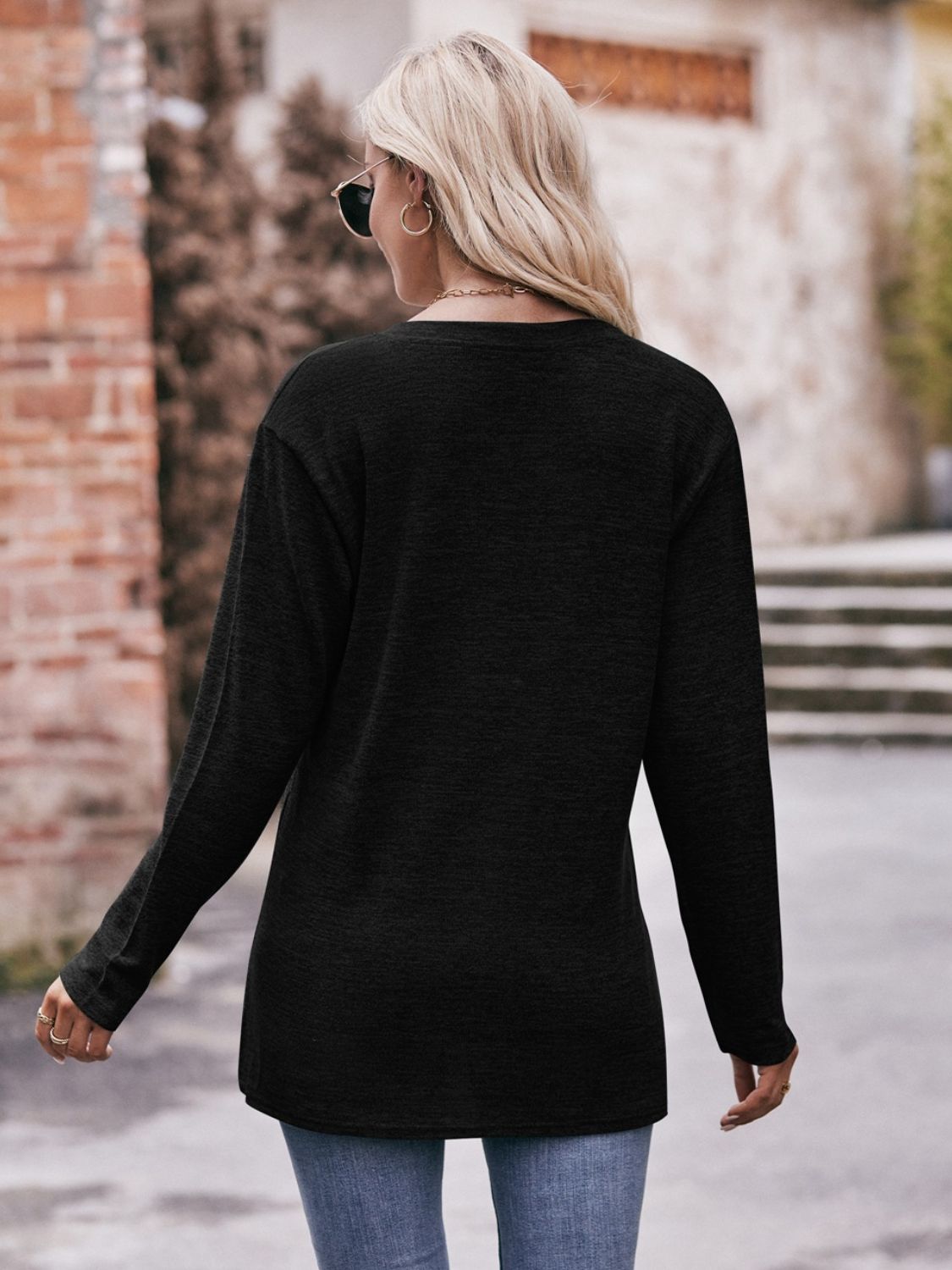 Double Take Buttoned Notched Neck Long Sleeve Top