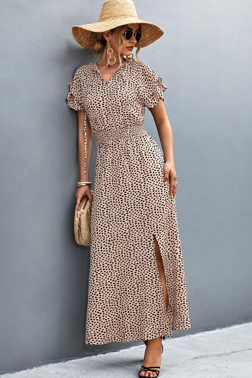 Wowza Tie-Neck Flutter Sleeve Split Dress