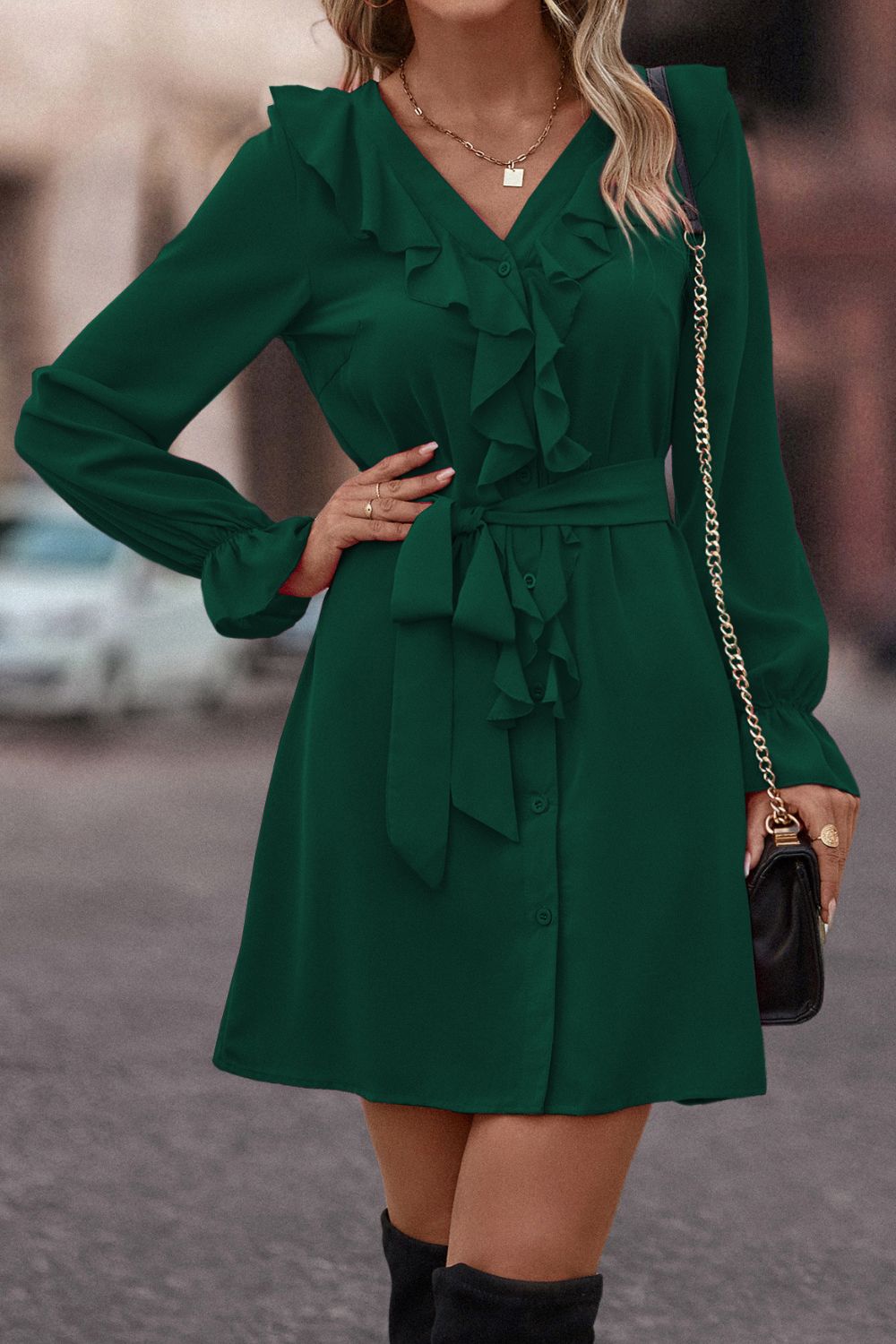 Ruffled Flounce Sleeve V-Neck Belted Dress