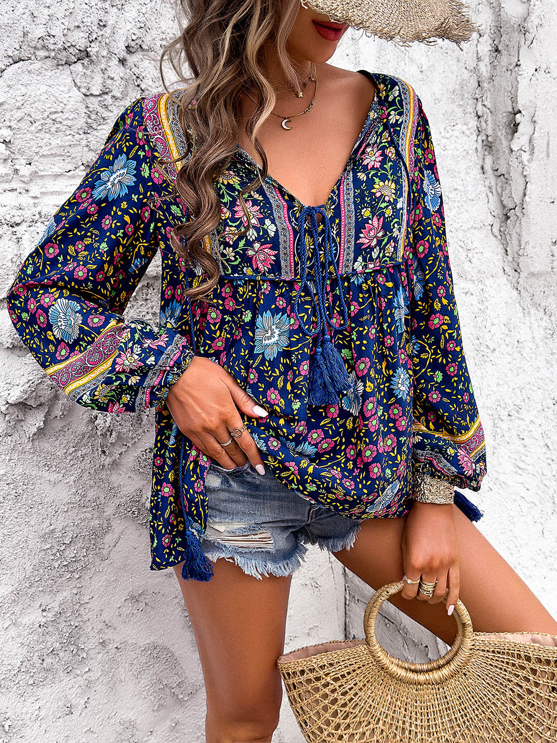 Boho Tassel Tie Neck Long Sleeve Blouse