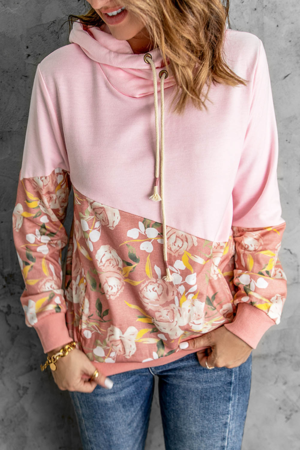 Floral Color Block Drawstring Hoodie