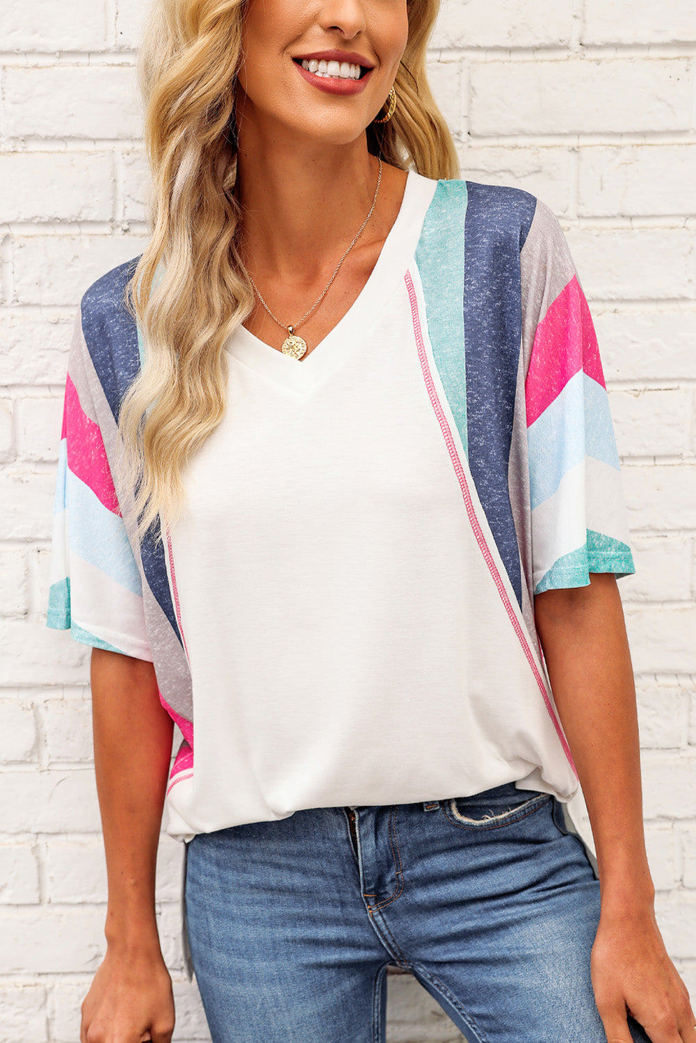 Rainbow Stripe Slit V-Neck Tee