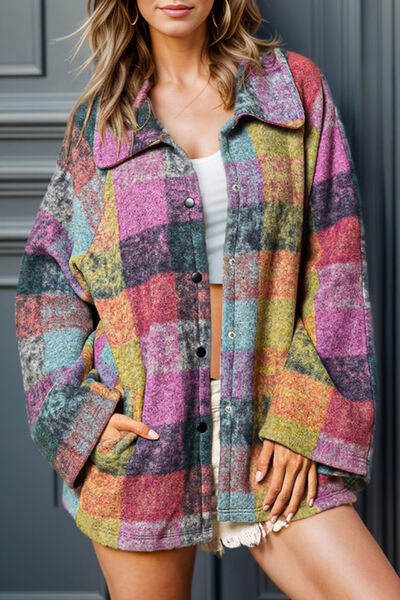 Pastel Plaid Pocketed Snap Down Jacket