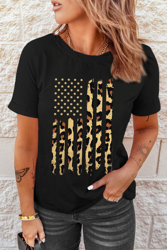 Leopard Stars and Stripes Graphic Round Neck Tee