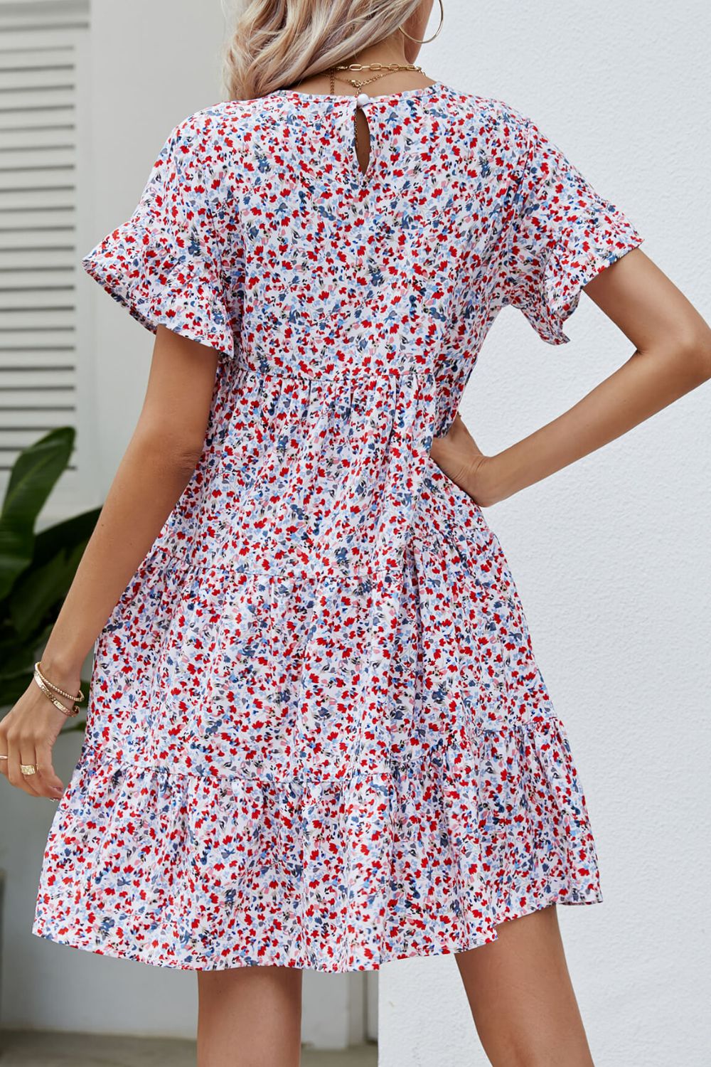 Floral Flounce Sleeve Tiered Dress