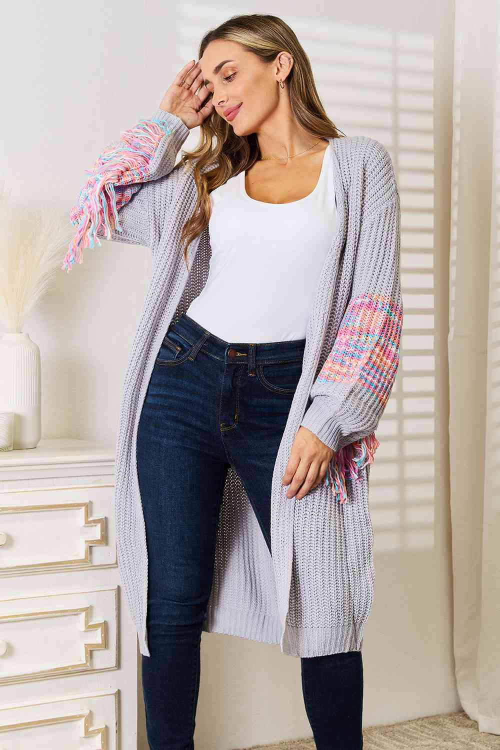 The Western Vibe Woven Fringe Sleeve Dropped Shoulder Cardigan - RTS