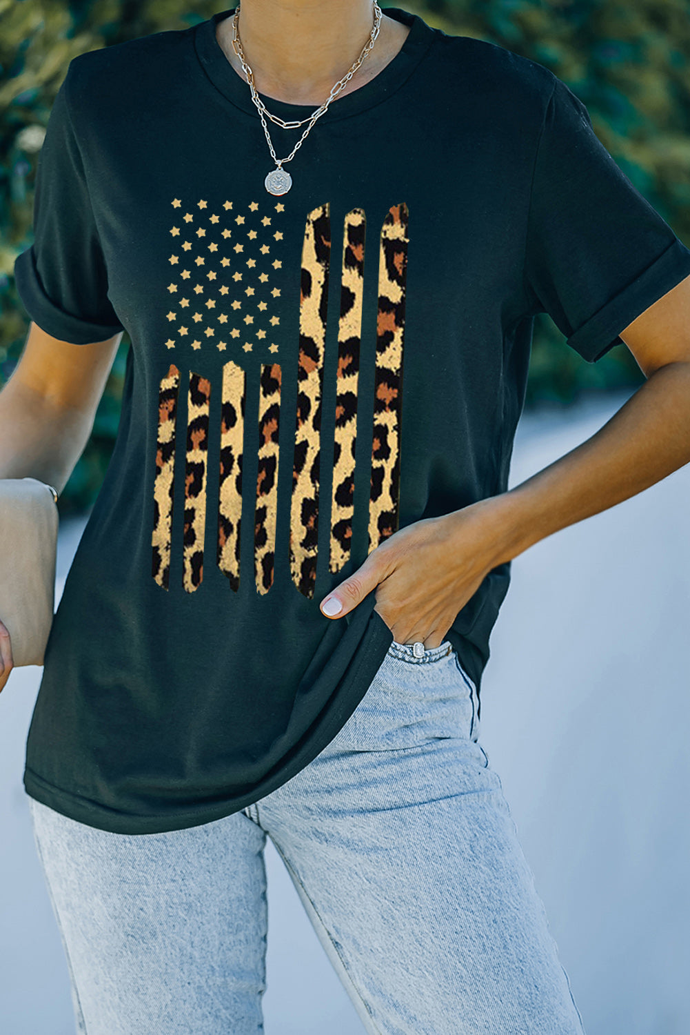 Leopard Stars and Stripes Graphic Round Neck Tee