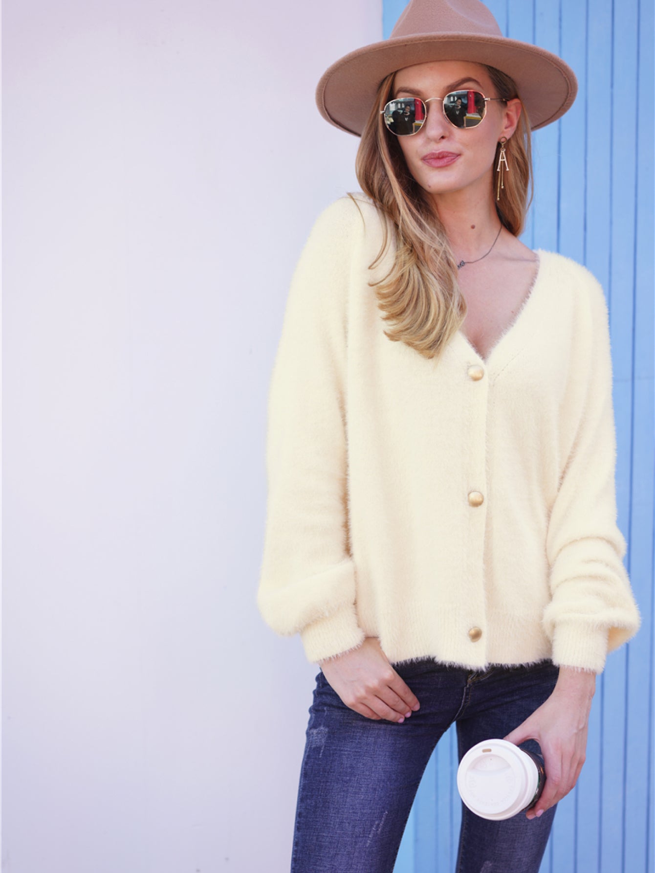 Double Take Fuzzy Long Sleeve Button Down Cardigan